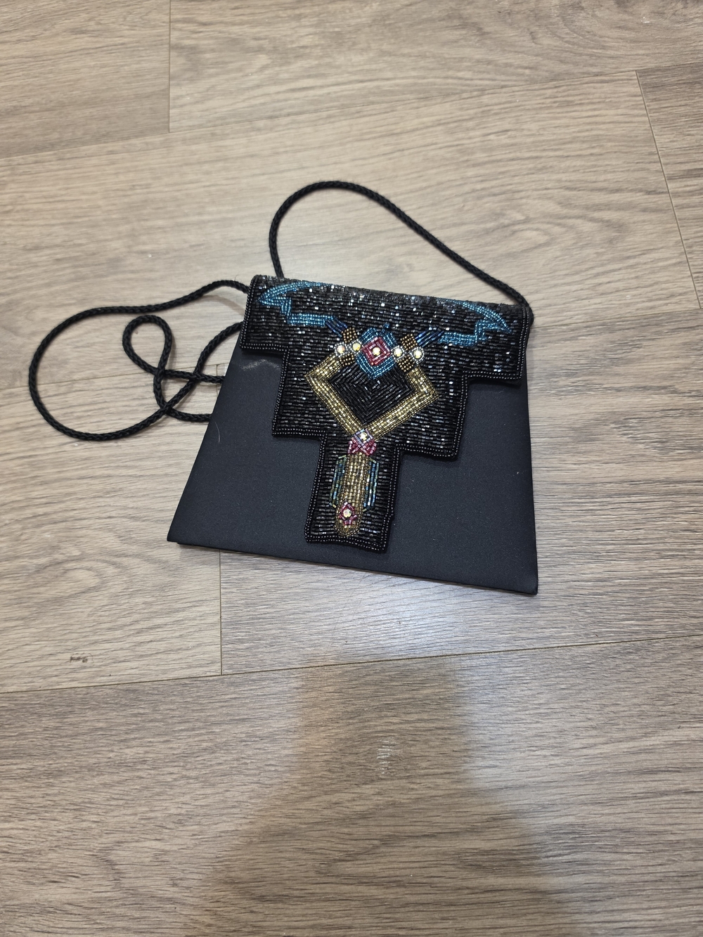 Black Beaded Crossbody Bag with Multicolor Embellishment